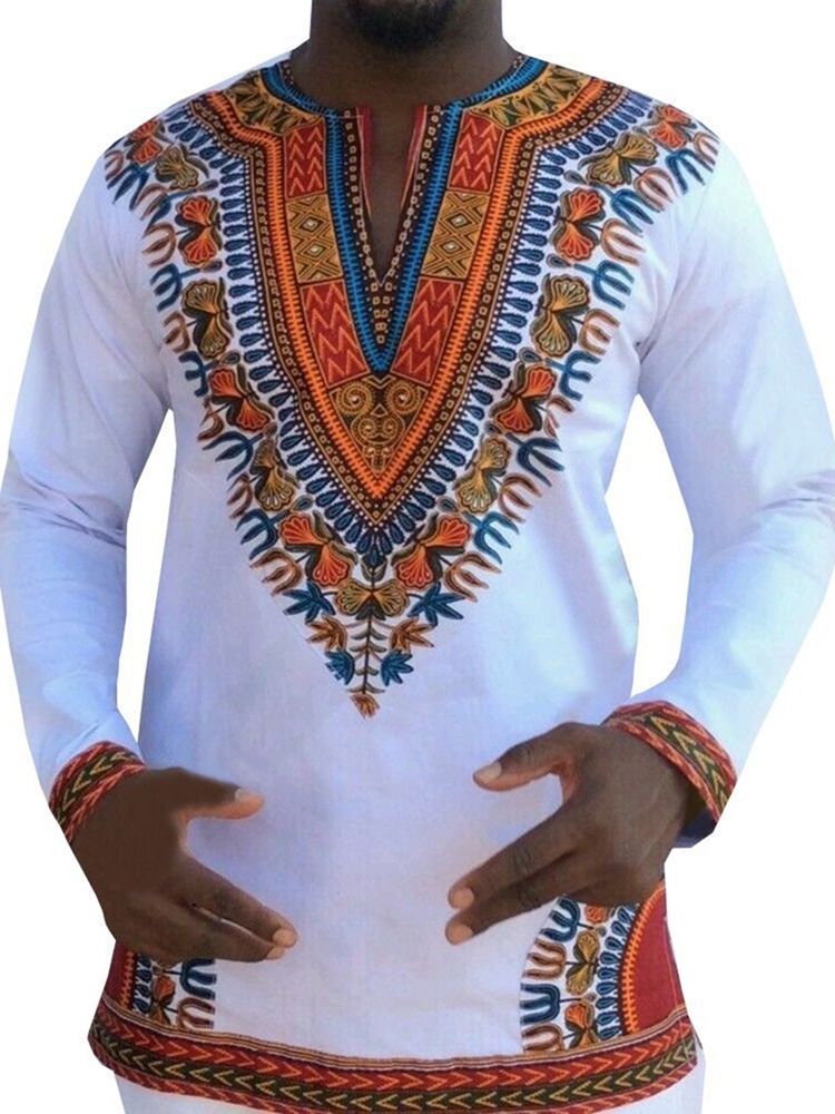 Afrikanskt Mode Dashiki Print V-Ringad Lös T-Shirt För Män