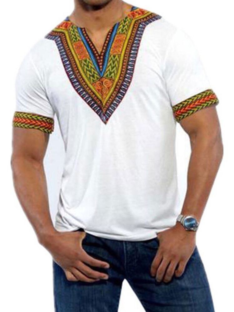 Afrikanskt Mode V-Ringad Dashiki Print Kortärmad T-Shirt För Män