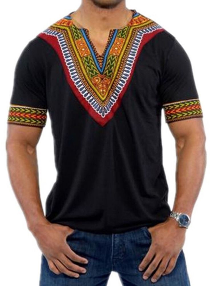 Afrikanskt Mode V-Ringad Dashiki Print Kortärmad T-Shirt För Män