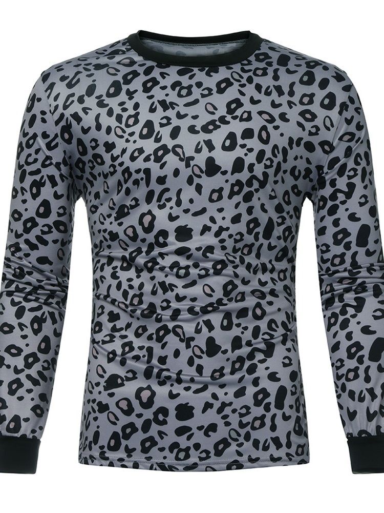 Mode Leopard Rund Hals Långärmad Stil Smal T-Shirt För Män