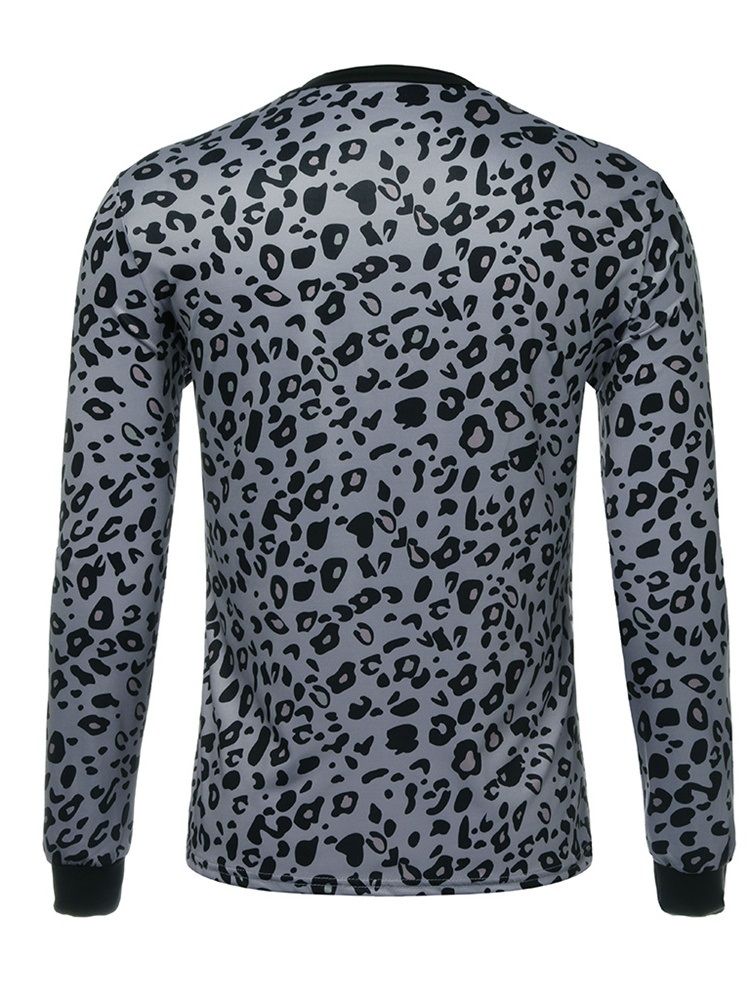 Mode Leopard Rund Hals Långärmad Stil Smal T-Shirt För Män