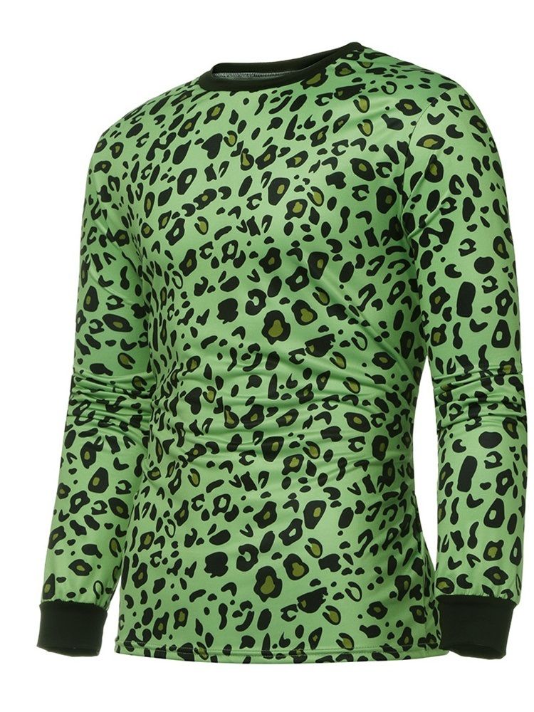 Mode Leopard Rund Hals Långärmad Stil Smal T-Shirt För Män