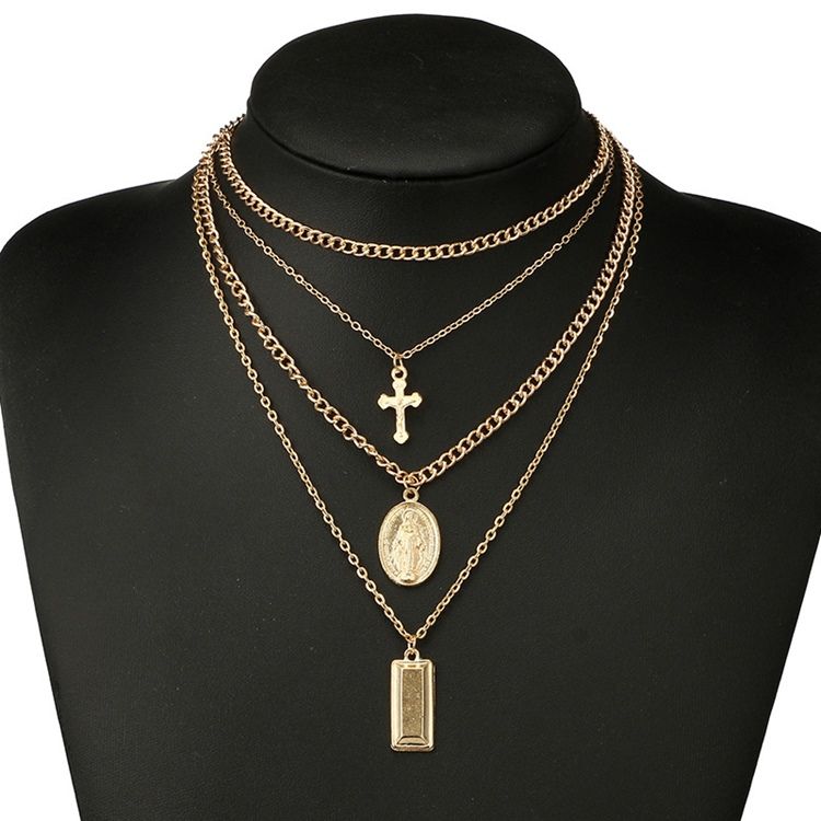 Multilayer Golden Cross Charm Layered Halsband För Kvinnor