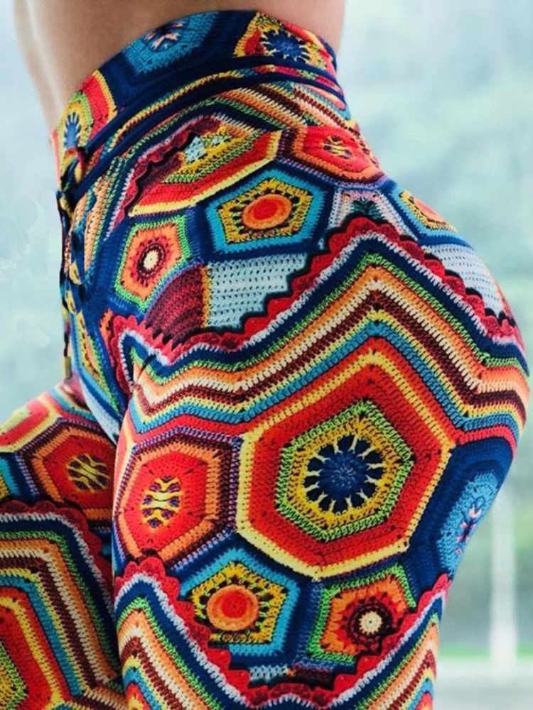 Anti-Svett Geometriskt Polyestertryck Löpande Hellängds Yogabyxor Tiktok-Leggings Med Hög Midja