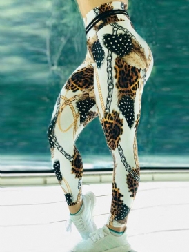 Chain Leopard Print Color Block Hög Midja Leggings För Kvinnor Yogabyxor Hög Midja Tiktok Leggings