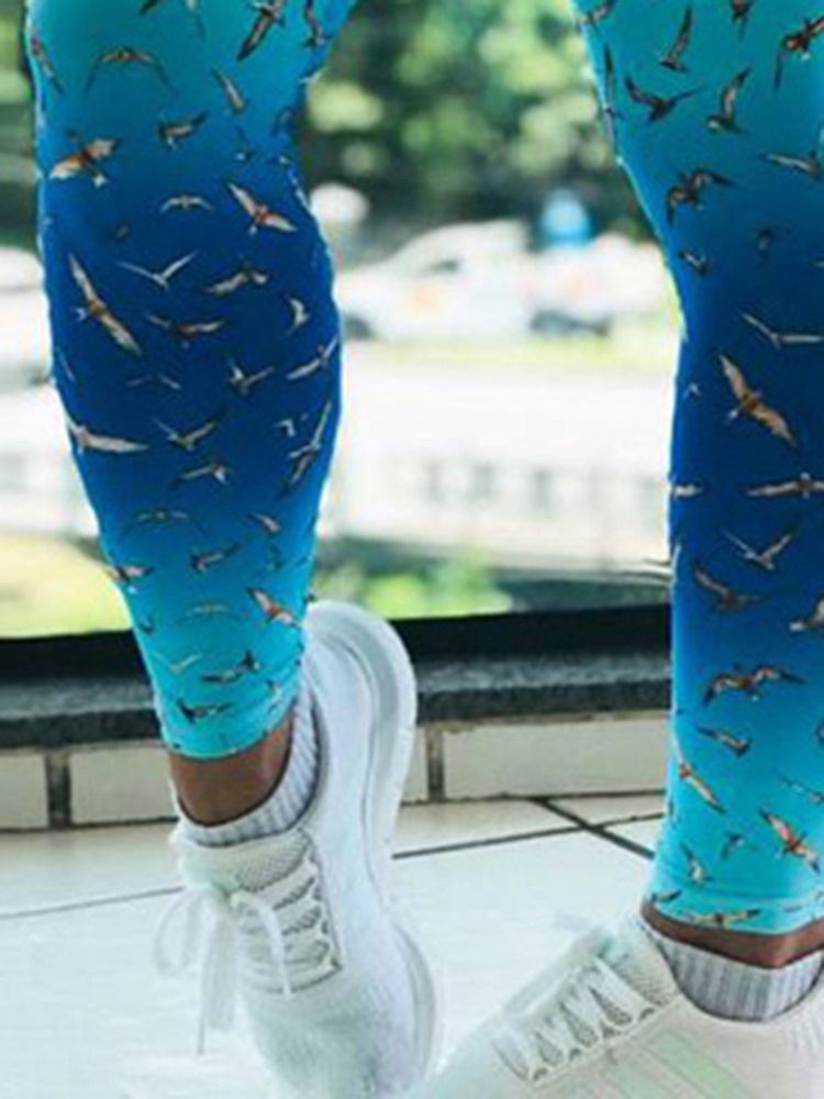 Gradient Bird Print Full Längd Dam Leggings Yoga Byxor Hög Midja Tiktok Leggings