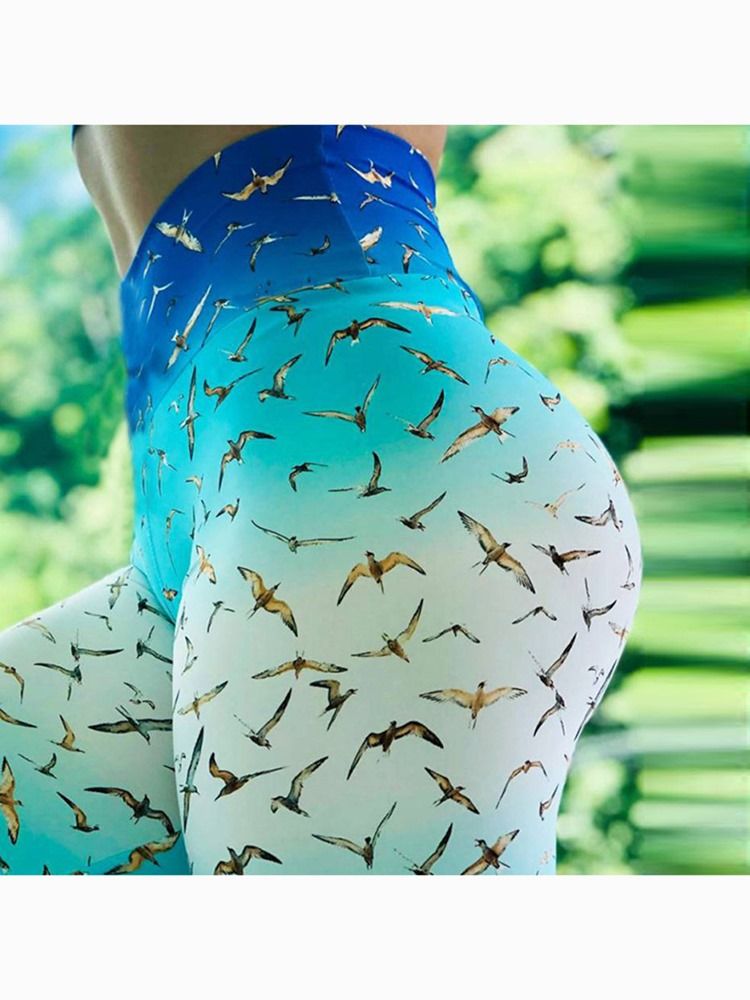 Gradient Bird Print Full Längd Dam Leggings Yoga Byxor Hög Midja Tiktok Leggings