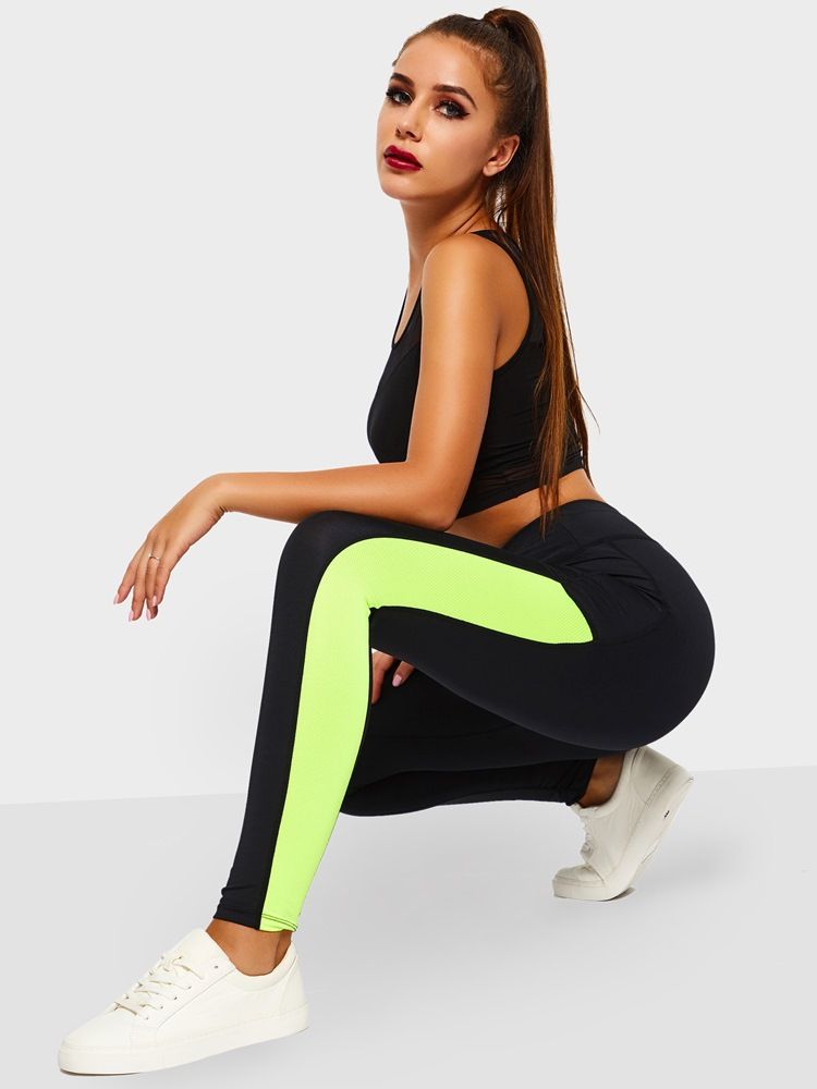 Kvinnors Anti-Svettfärgblockfickor Löpning Yoga Leggings Yogabyxor Tiktok Leggings Med Hög Midja