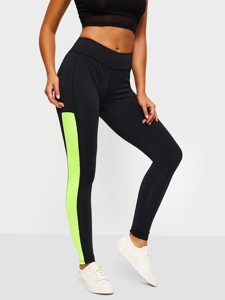 Kvinnors Anti-Svettfärgblockfickor Löpning Yoga Leggings Yogabyxor Tiktok Leggings Med Hög Midja