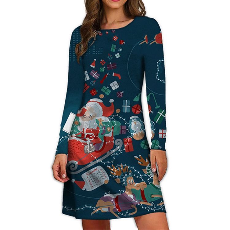 Christmas Above Knee Print Rund Neck Vinter Cartoon Casual Klänning