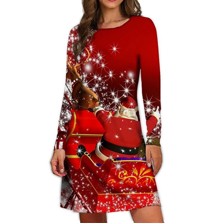 Christmas Above Knee Print Rund Neck Vinter Cartoon Casual Klänning