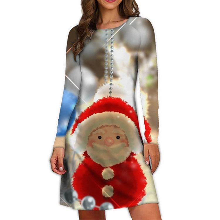 Christmas Above Knee Print Rund Neck Vinter Cartoon Casual Klänning