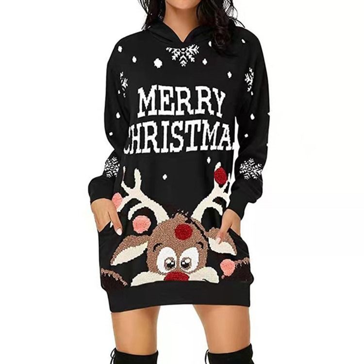 Christmas Hooded Long Sleeve Above Knee Western Pullover Klänning