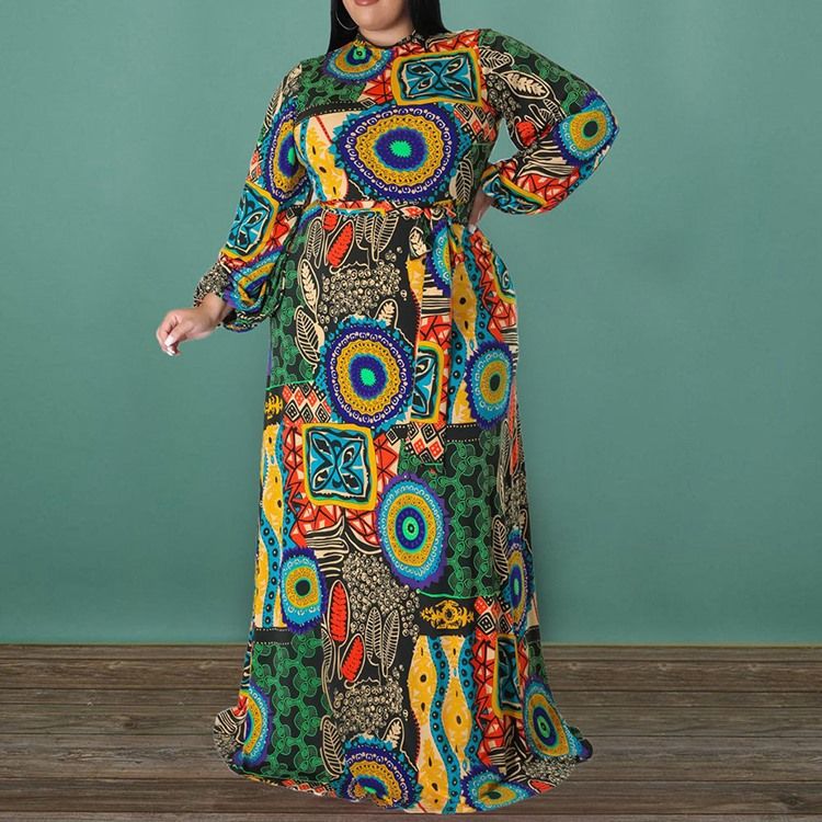 Plus Size Print Rundhalsad Långärmad Blommig Höst Maxiklänning