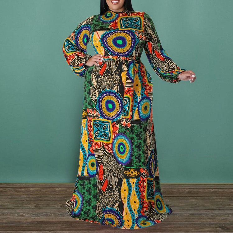 Plus Size Print Rundhalsad Långärmad Blommig Höst Maxiklänning