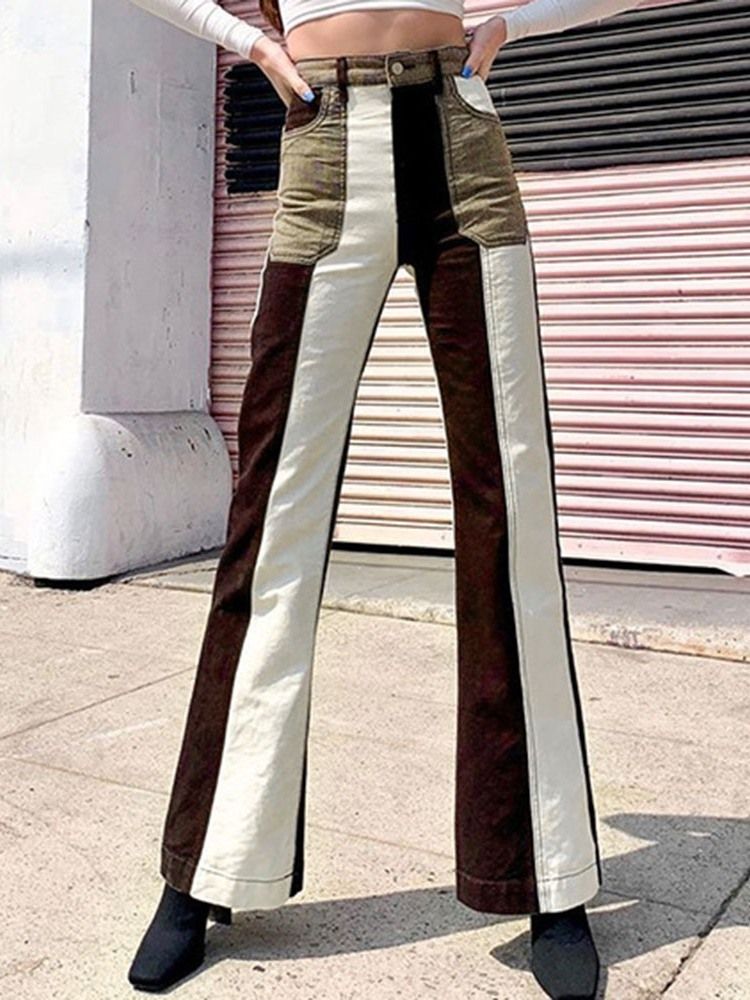 Color Block Pocket Bellbottoms Slim Zipper Jeans