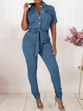 Full Längd Sweet Button Skinny Jumpsuit Med Mitten Av Midjan