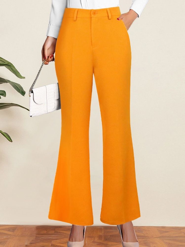 Lös Ficka Vanlig Bellbottoms Full Längd Casual Byxor