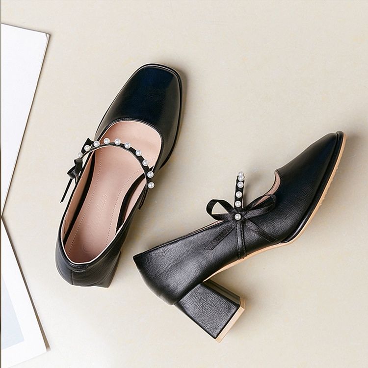 Chunky Heel Square Toe Bow Koreanska Tunna Skor