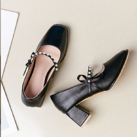 Chunky Heel Square Toe Bow Koreanska Tunna Skor