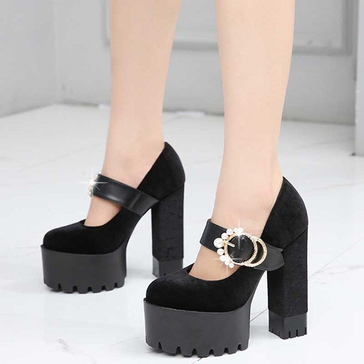 Faux Mocka Beads Chunky Heel Rund Toe Dambalskor