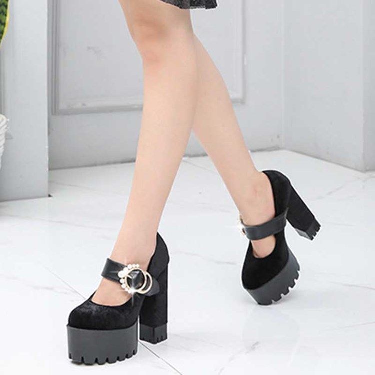 Faux Mocka Beads Chunky Heel Rund Toe Dambalskor