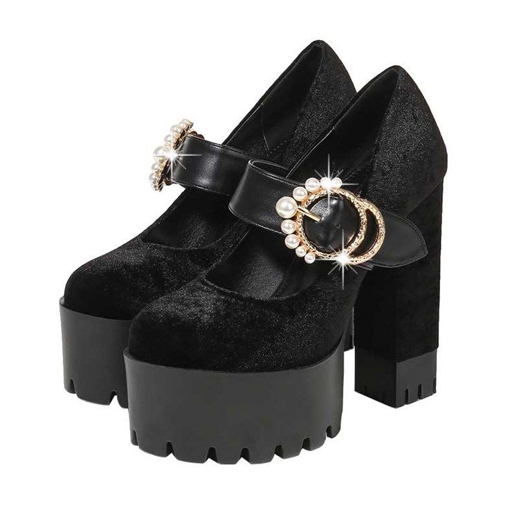 Faux Mocka Beads Chunky Heel Rund Toe Dambalskor