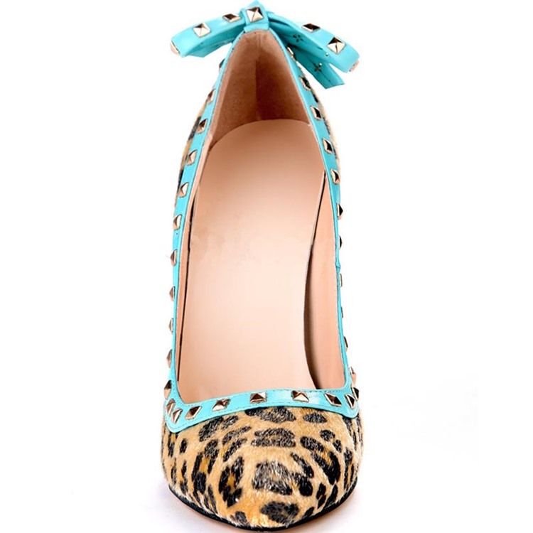 Nit Leopard Stilettklack Spetsad Tå Rosett Dam Pumps