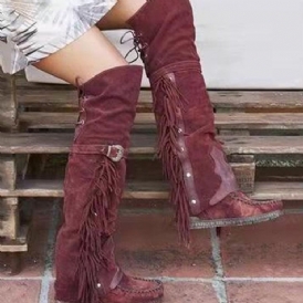 Lace-Up Back Rund Toe Patchwork Fringe Stövlar Boots