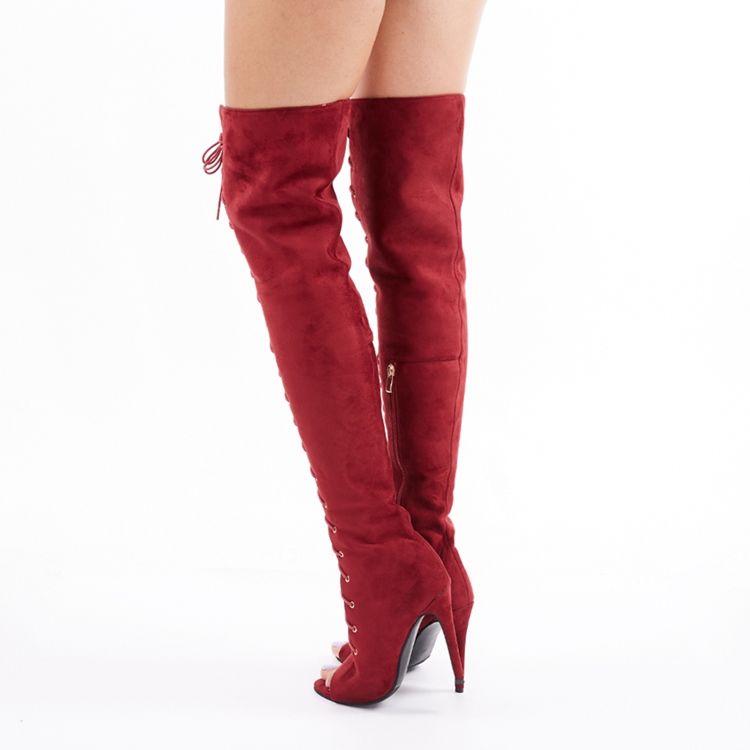 Röda Snörning Peep Toe Thigh High Stövlar Boots