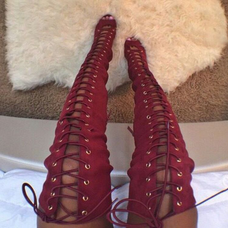 Röda Snörning Peep Toe Thigh High Stövlar Boots