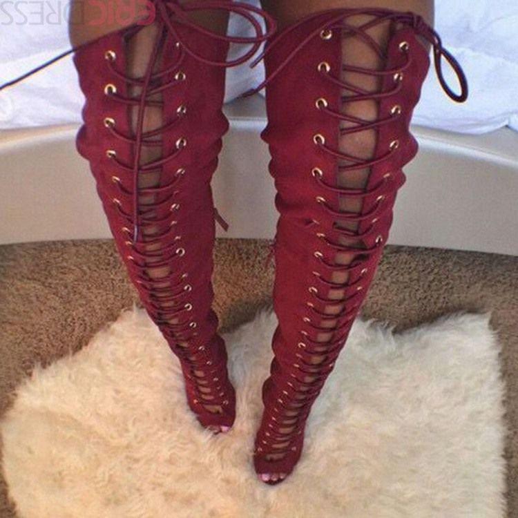 Röda Snörning Peep Toe Thigh High Stövlar Boots