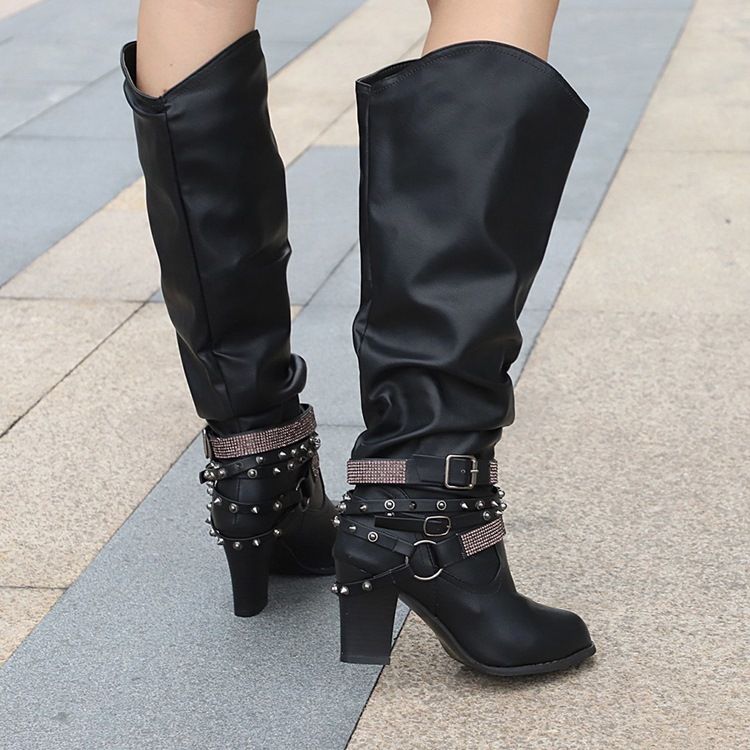 Slip-On Chunky Heel Plain Rivet Stövlar Boots