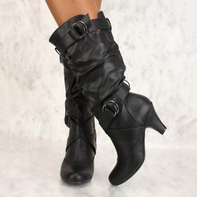 Zipper Chunky Heel Calf High Slouchy Stövlar Boots