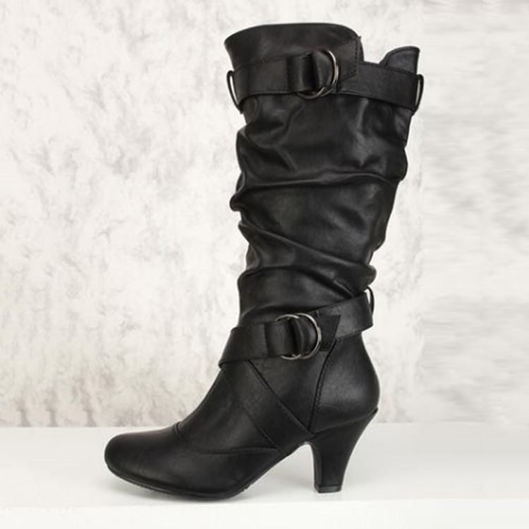 Zipper Chunky Heel Calf High Slouchy Stövlar Boots