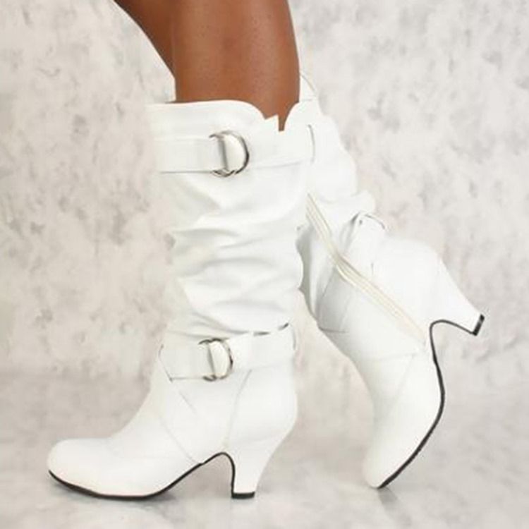 Zipper Chunky Heel Calf High Slouchy Stövlar Boots