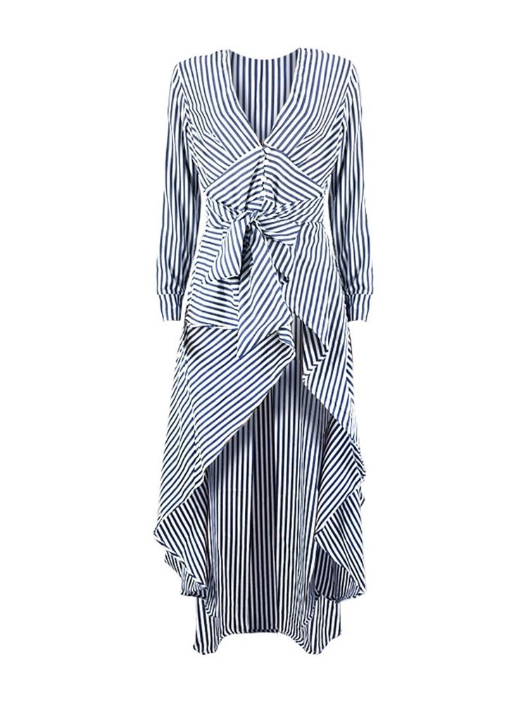 Asymmetrisk V-Ringad Stripe Blus Med Snörning