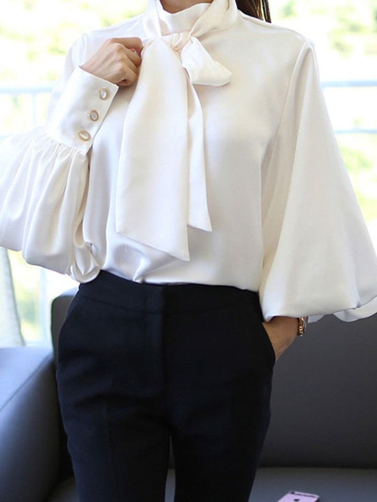 Lantern Sleeve Bowknot Plain Standard Blus