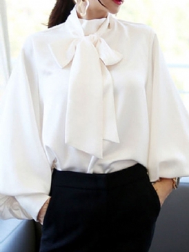 Lantern Sleeve Bowknot Plain Standard Blus