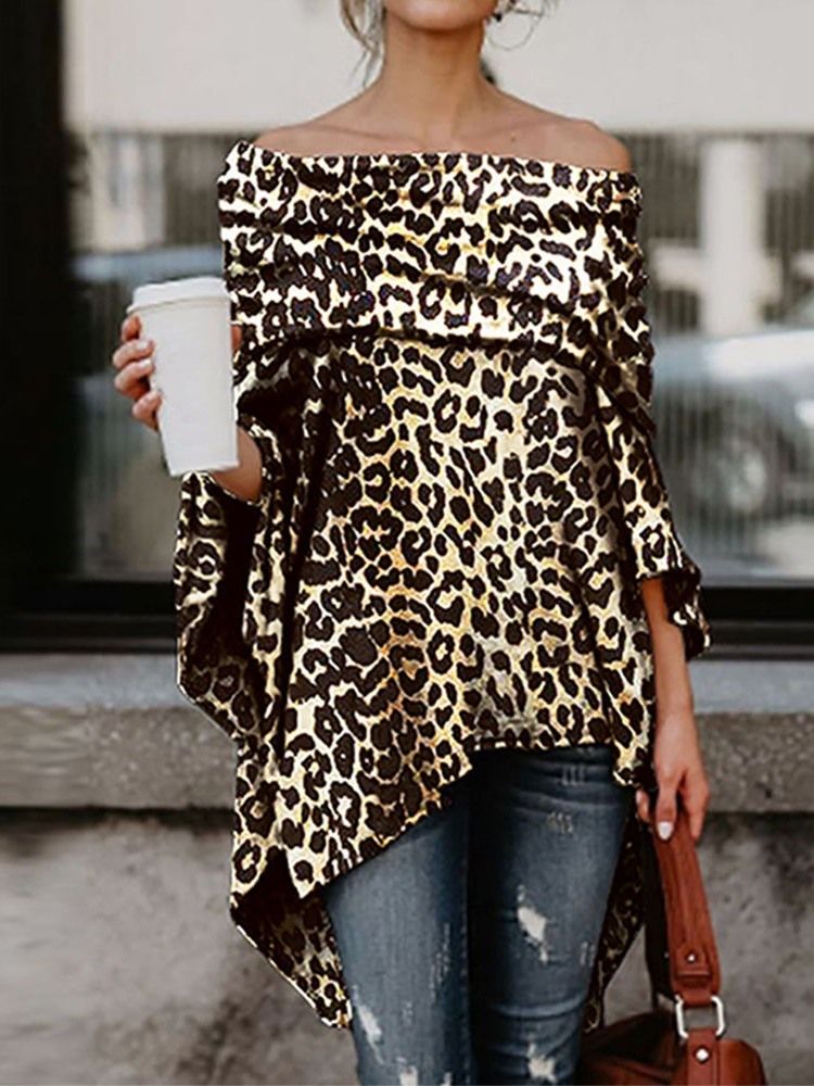 Off Shoulder Asymmetrisk Leopard Slim Blus