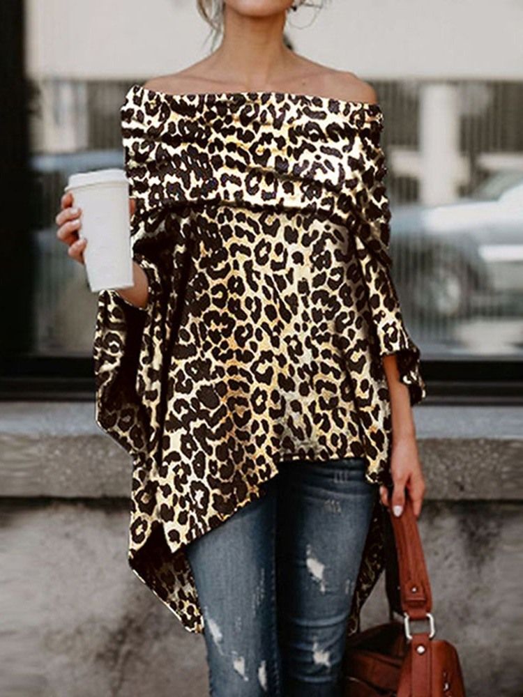 Off Shoulder Asymmetrisk Leopard Slim Blus