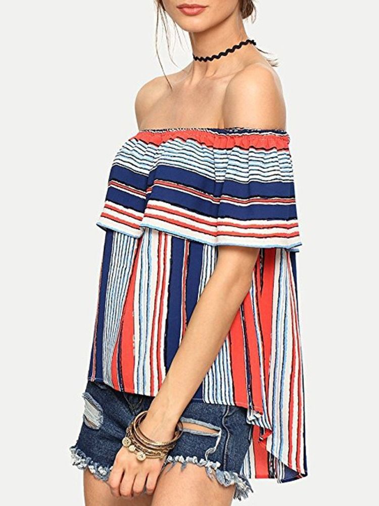 Off Shoulder Color Block Volanger Ärm Kort Ärm Dam Standard Blus