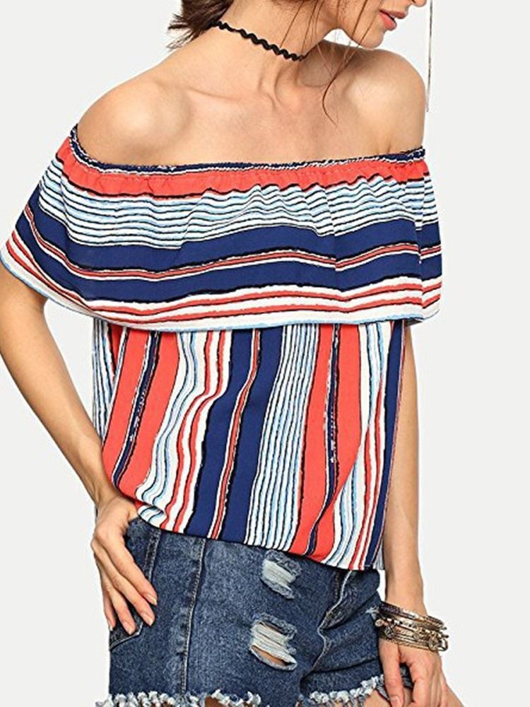 Off Shoulder Color Block Volanger Ärm Kort Ärm Dam Standard Blus