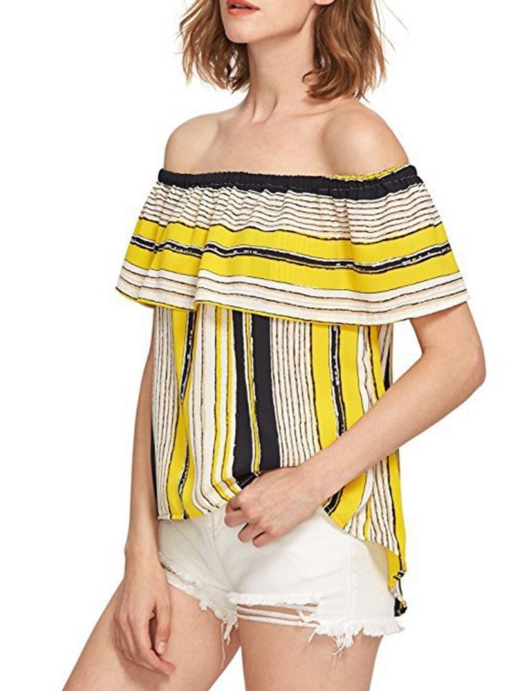 Off Shoulder Color Block Volanger Ärm Kort Ärm Dam Standard Blus