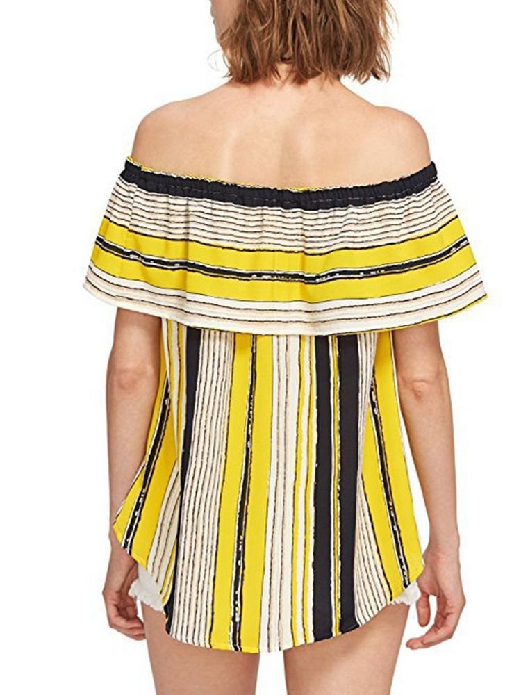 Off Shoulder Color Block Volanger Ärm Kort Ärm Dam Standard Blus