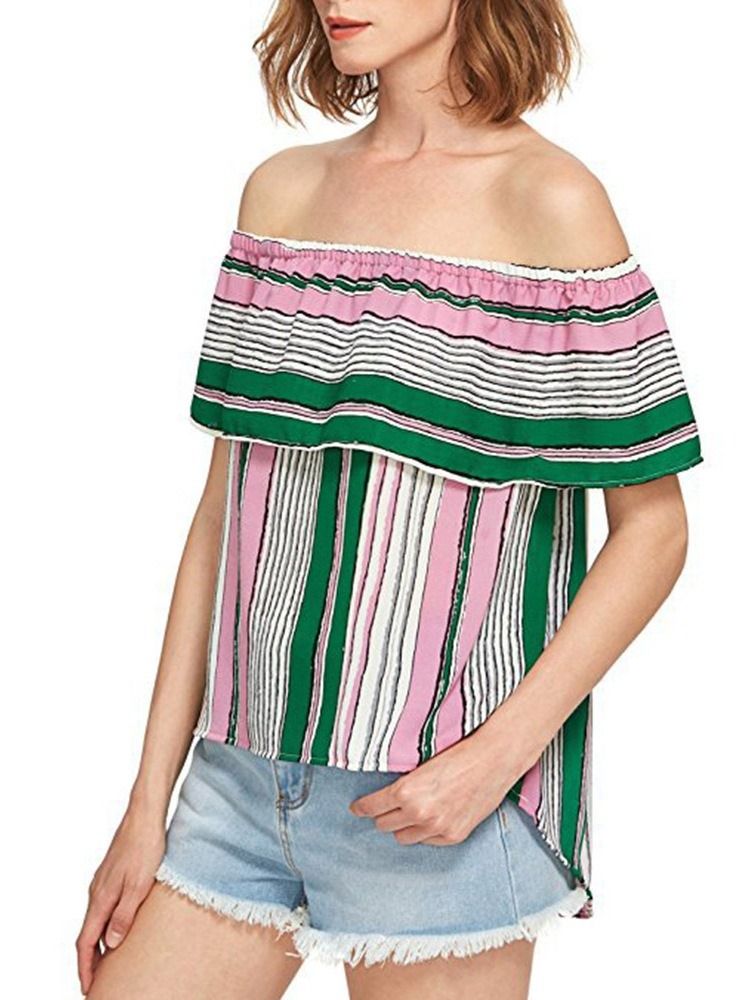 Off Shoulder Color Block Volanger Ärm Kort Ärm Dam Standard Blus