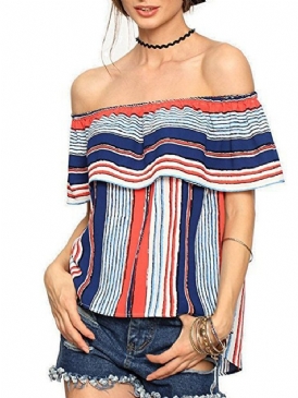 Off Shoulder Color Block Volanger Ärm Kort Ärm Dam Standard Blus