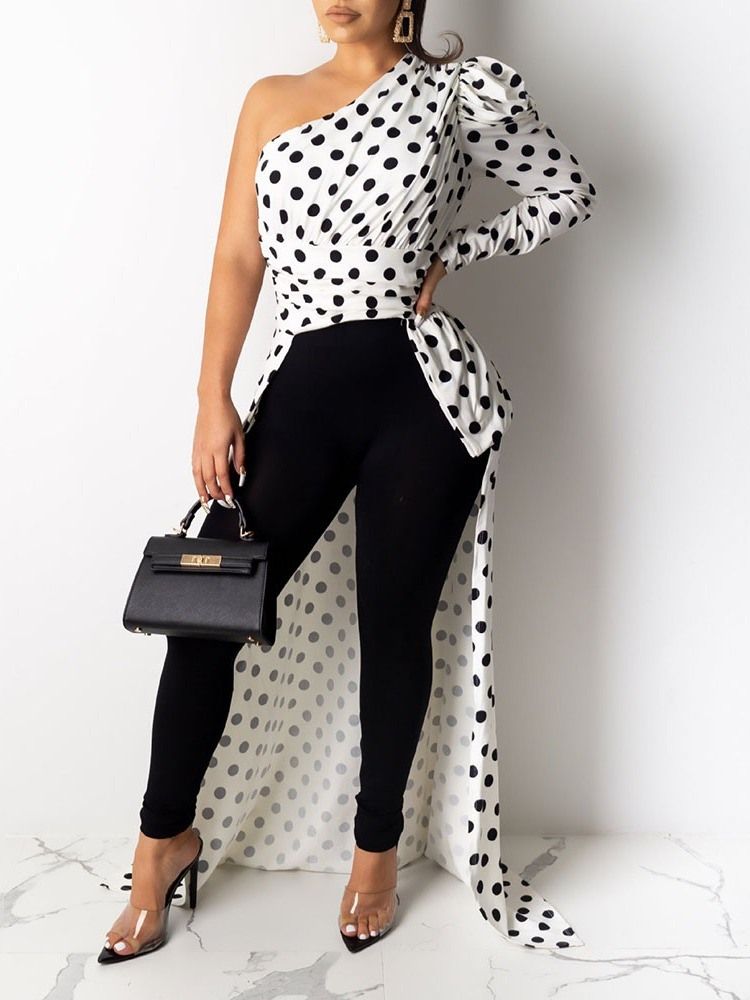 Polka Dots Print Asymmetry Lång Blus För Kvinnor