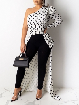 Polka Dots Print Asymmetry Lång Blus För Kvinnor