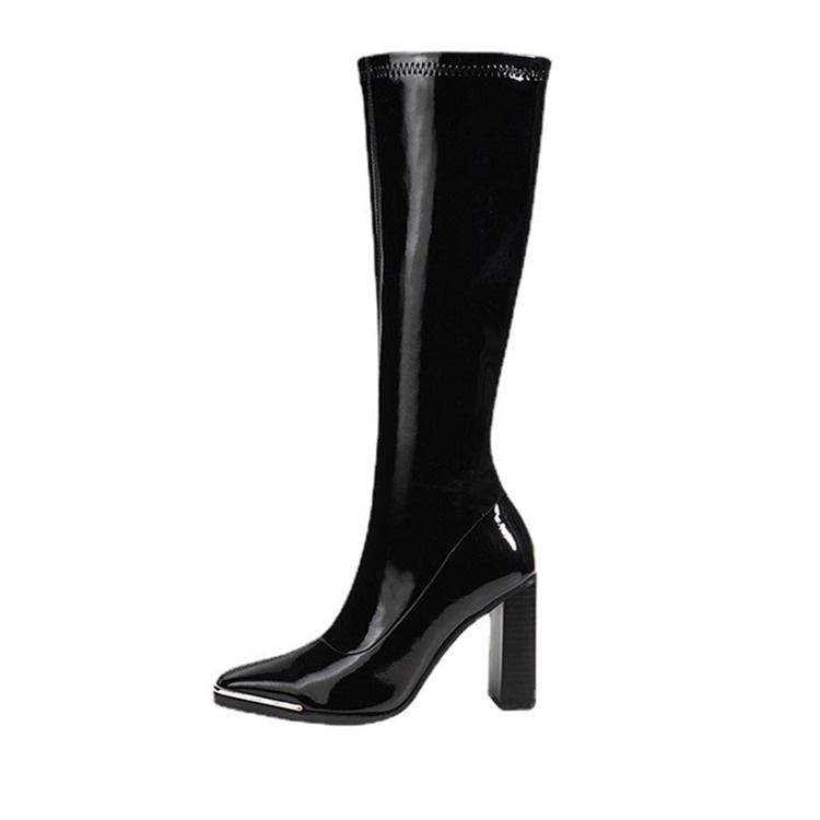 Plain Square Toe Chunky Heel Zipper Stövlar Boots